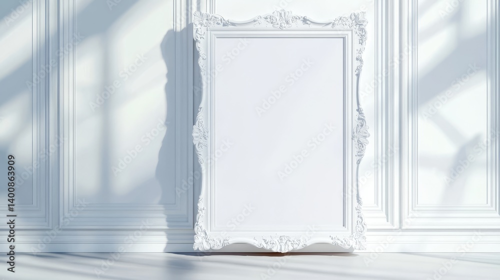 White Ornate Frame Mockup - Elegant white ornate frame mockup against a white paneled wall, perfect for showcasing artwork or design