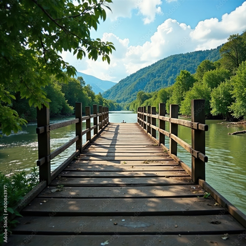 Obraz premium Weathered wooden bridge spanning a swollen river, grunge, weathered
