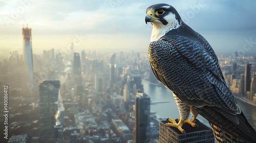 Peregrine Falcon Perched Above Cityscape Views During Overcast Day