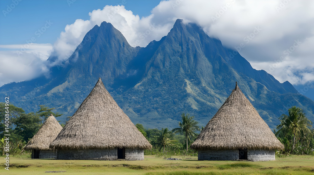 Scenic View of Thatched Roof Huts with Majestic Mountains Under a Partly Cloudy Blue Sky in an Open Grassy Field on a Bright Sunny Day Scenic View of Thatched Roof Huts with Majestic Mountains Under a Partly Cloudy Blue Sky in an Open Grassy Field on a Bright Sunny Day