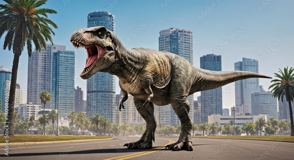 Fototapeta premium Fearsome Tyrannosaurus Rex lets out a mighty roar disrupting a contemporary city street in blazing hot sun