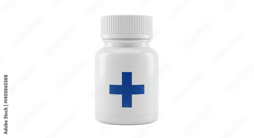 Isolated White Medicine Pill Bottle with Blue Cross Isolated White Medicine Pill Bottle with Blue Cross