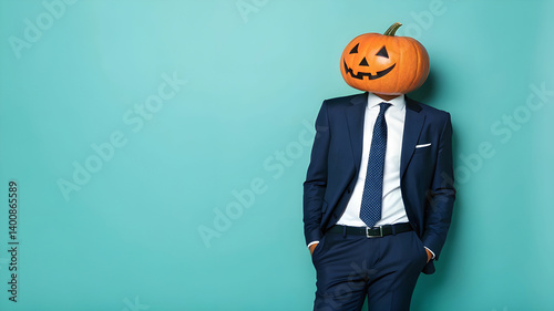 A businessman has a pumpkin on his head. on blue background.
