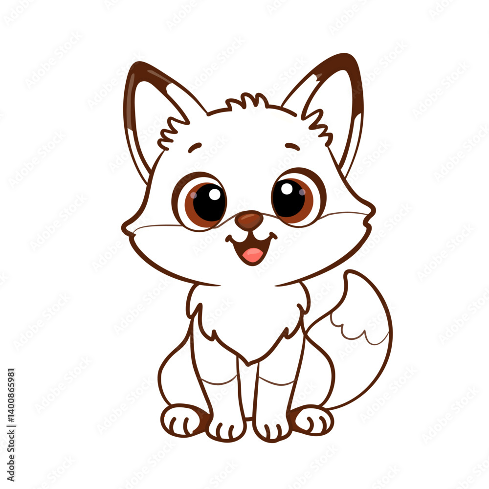 Vector outline of a cute cartoon fox with big eyes and fluffy tail. Ideal for coloring books, children’s illustrations, prints, and educational materials.