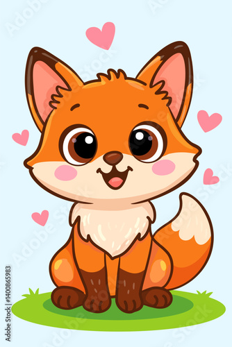 Sweet cartoon fox with big eyes and a smiling face, surrounded by hearts on a pastel background. Perfect for children's products, prints, and greeting card