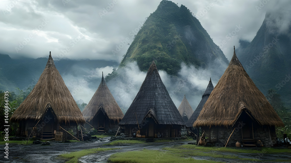 Scenic Village Landscape with Thatched Roof Huts and Mountain Backdrop Under Cloudy Skies in a Rural Setting