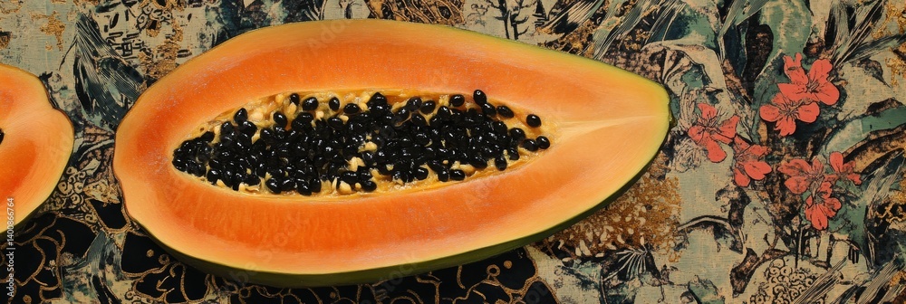 Cut papaya fruit with seeds on a patterned surface close up. Cut papaya fruit with seeds on a patterned surface close up.