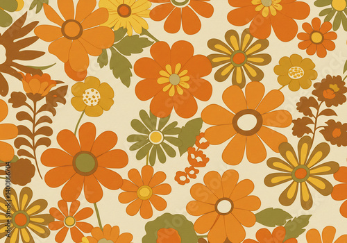 Wallpaper Mural Retro Orange and Yellow Floral Pattern Seamless Repeat Texture Torontodigital.ca