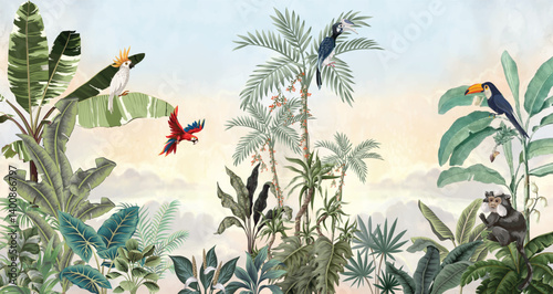 Muravie Wild Life Animals Tropical Forest Wallpaper, Forest With Animals Wall Poster - sample, Self Adhesive Wallpaper