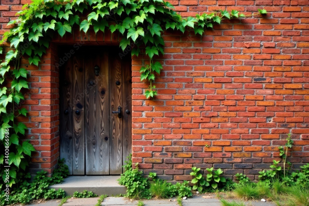 weathered red brick wall with ivy vines and old wooden door, overgrown, earthy weathered red brick wall with ivy vines and old wooden door, overgrown, earthy