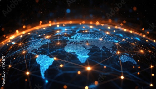 Global network illustration with world map and interconnected nodes against a dark background.