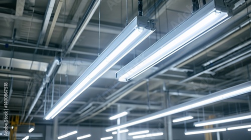 Fluorescent lights illuminate a ceiling in an industrial or commercial building.