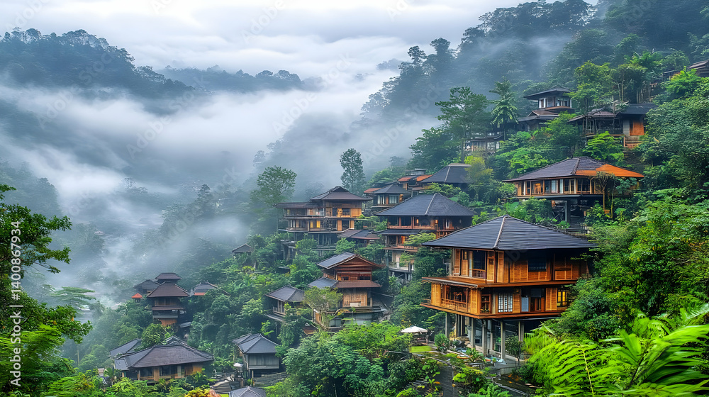 Scenic Village Nestled on a Green Mountain Hillside Under a Misty Sky with Traditional Wooden Architecture in Lush Forest Landscape