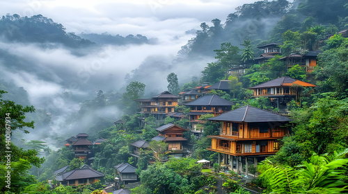 Obraz na płótnie Scenic Village Nestled on a Green Mountain Hillside Under a Misty Sky with Traditional Wooden Architecture in Lush Forest Landscape w salonie