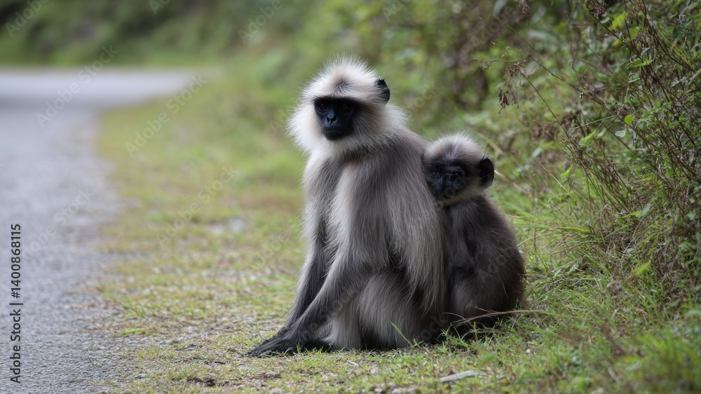 Fototapeta premium A gray langur monkey hugs her baby in nature, sitting by a road, furry and wild.