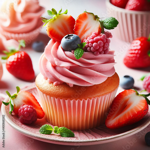 Delicious Strawberry Cupcake with Pink Frosting and Fresh Fruit Topping