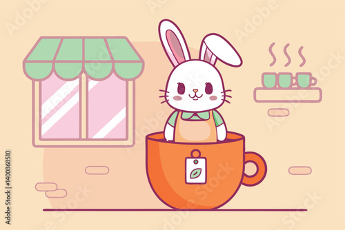 Cute Rabbit in Teacup Whimsical Café Illustration