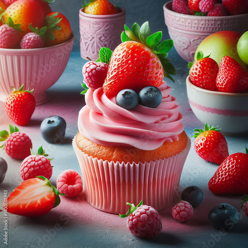 Delicious Strawberry Cupcake with Pink Frosting and Fresh Fruit Topping