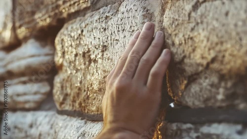 Close up of a hand touching the Western Wall, a significant Jewish religious site in Jerusalem