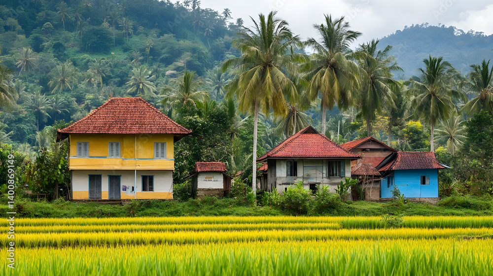 Scenic Village View Featuring Colorful Houses Nestled Amidst Lush Rice Fields and Verdant Tropical Landscape on a Bright Sunny Day