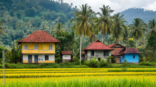 Obraz na płótnie Scenic Village View Featuring Colorful Houses Nestled Amidst Lush Rice Fields and Verdant Tropical Landscape on a Bright Sunny Day w salonie