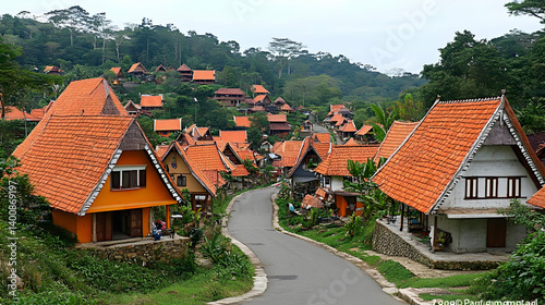 Scenic Village with Orange Roofed Houses on Lush Green Hillside with winding street and stone fences