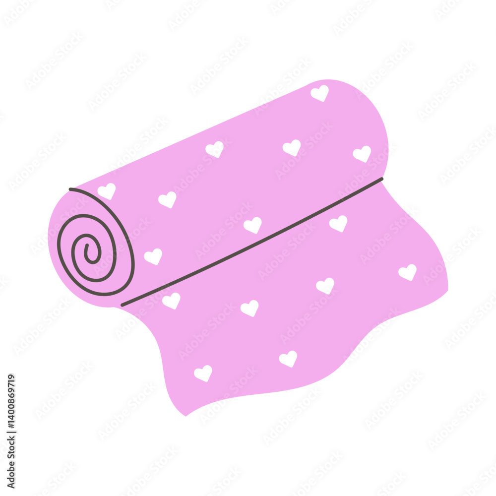 Roll of fabric with hearts. Textile material. Vector illustration.