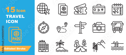Set of Travel icons. Icons Contains traveling, passport, ticket, destination, beach, hotel, etc . Design elements for you projects. Editable stroke vector illustration.