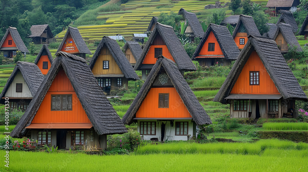 Scenic Village with Traditional Triangular Roof Houses Amidst Lush Green Paddy Fields on a Hillside Featuring Vernacular Architecture and Rural Landscape