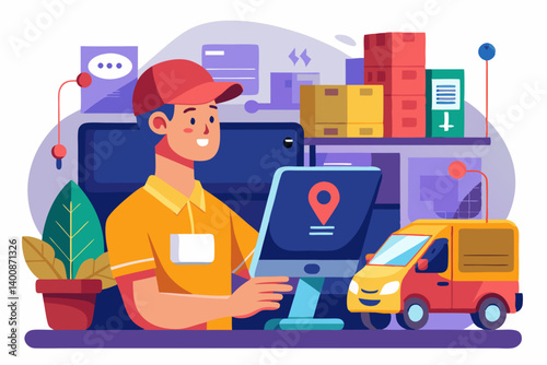 Modern vector of delivery driver scanning packages before dispatch from van