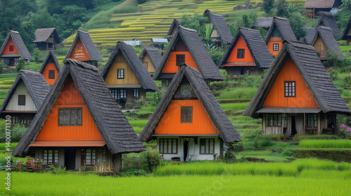 Obraz na płótnie Scenic Village with Traditional Triangular Roof Houses Amidst Lush Green Paddy Fields on a Hillside Featuring Vernacular Architecture and Rural Landscape w salonie
