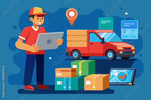 Modern vector of delivery driver scanning packages before dispatch from van