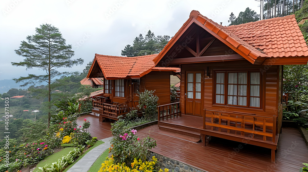 Scenic Wooden Cottages with Red Tile Roofs and Lush Greenery in Cloudy Day Outdoor Architecture and Landscape