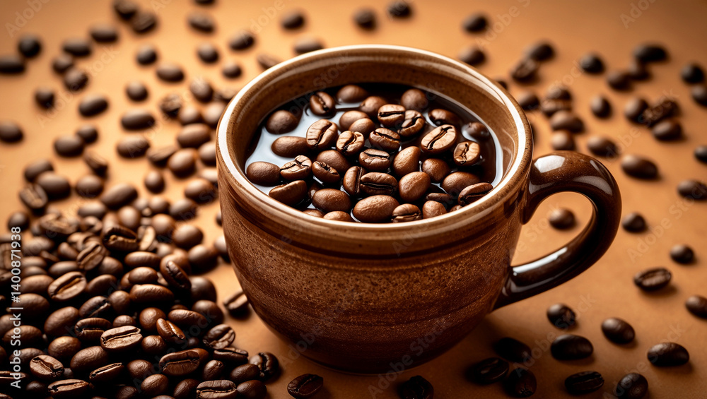 Fototapeta premium Rustic brown ceramic mug with floating coffee beans