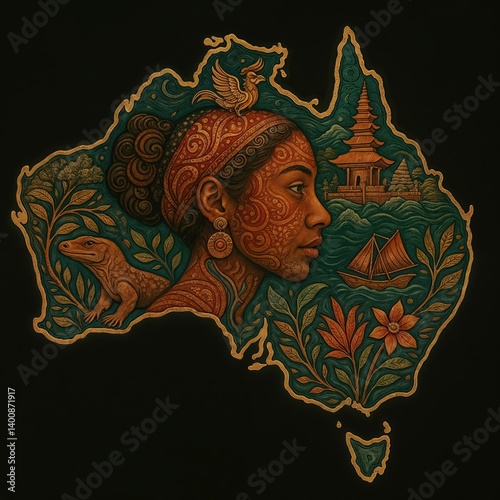 Indigenous australian woman embracing cultural heritage with traditional ornaments and symbols