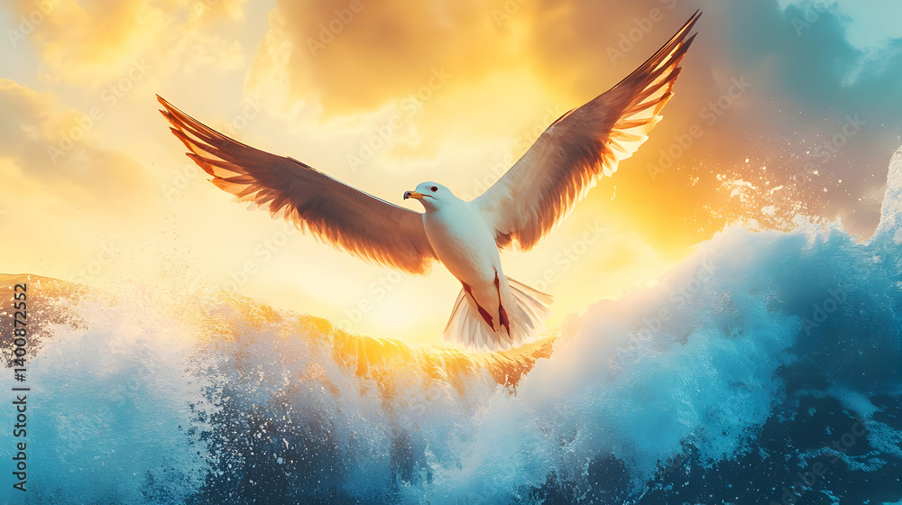 Seagull in Flight over Pixelated Ocean Waves at Sunset with Sun Shining Through Clouds Creating Golden Sky