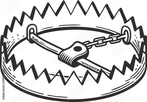 Bear trap illustration with sharp teeth and chain hunting, danger, safety, survival concept in black and white
