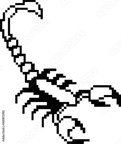 black and white pixel art scorpion design on white background, detailed retro digital graphic