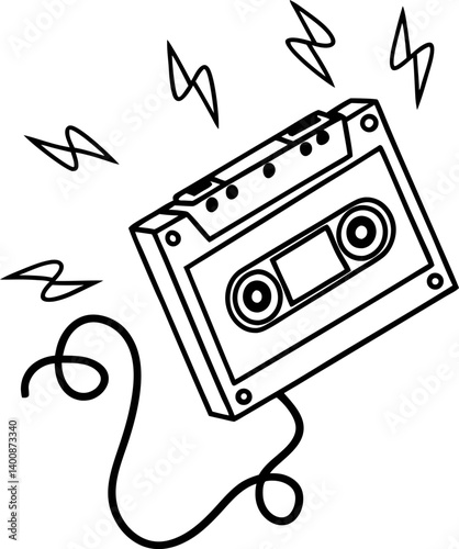 retro cassette tape with music notes vintage audio media concept in black and white line art