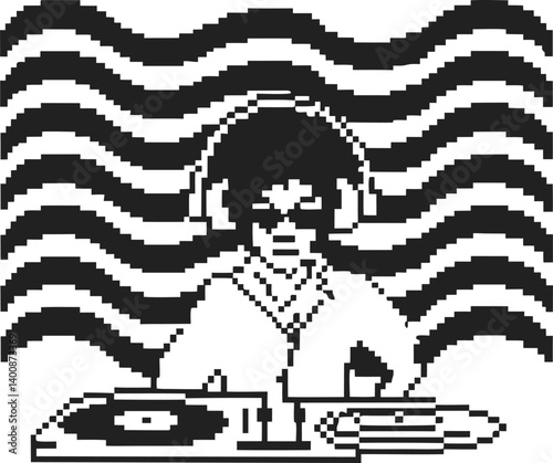 Retro dj spinning vinyl with headphones pixel art style, wavy background, music remix concept