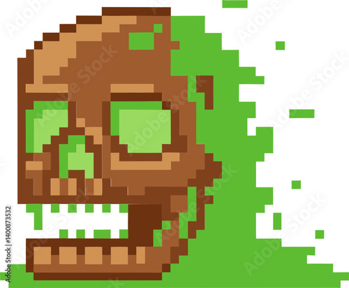 Pixelated green skull with glitch effect video game art, retro 8 bit style, digital decay