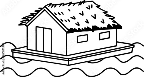 Floating house with thatched roof on water simple line art depicts tranquility and adaptability