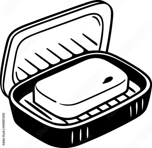 Simple line art of soap dish with bar, focus on hygiene and cleanliness in minimalist