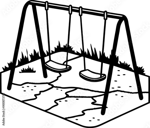 empty playground swings in black and white illustration, abandoned childhood play area
