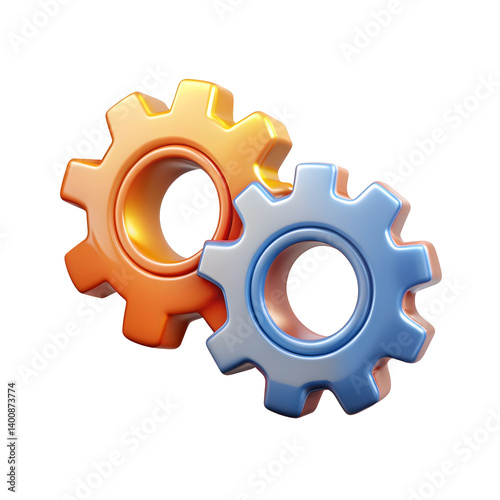 3d two gear wheels isolated on transparent background. Cartoon plastic style icon