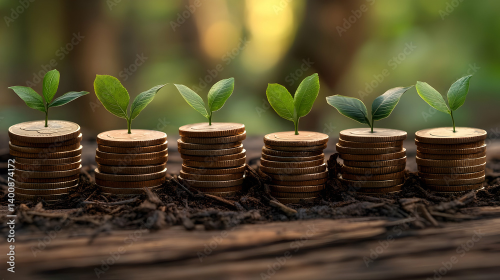 Seedlings Growing from Coin Stacks on Soil Wealth and Financial Success Concept on Blurred Green Foliage Background