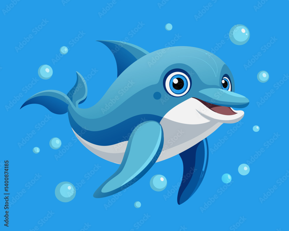 Fototapeta premium Smiling Bottlenose Dolphin Underwater – High-Definition Close-Up in Crystal Blue Ocean.