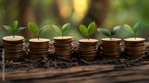 Obraz na płótnie Seedlings Growing from Coin Stacks on Soil Wealth and Financial Success Concept on Blurred Green Foliage Background w salonie