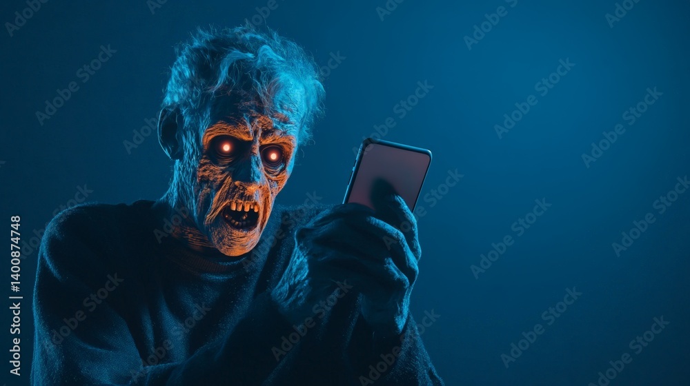 Creepy undead creature with glowing red eyes interacting with modern technology in a dark, eerie setting, blending horror and contemporary elements in a post apocalyptic world Creepy undead creature with glowing red eyes interacting with modern technology in a dark, eerie setting, blending horror and contemporary elements in a post apocalyptic world