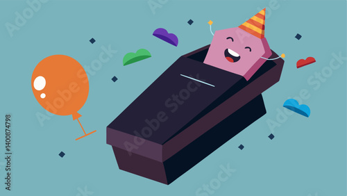 Joking Coffin A cartoonstyle coffin that has been humorously propped open to reveal a surprise party inside. Instead of a somber appearance colorful balloons and party hats spill